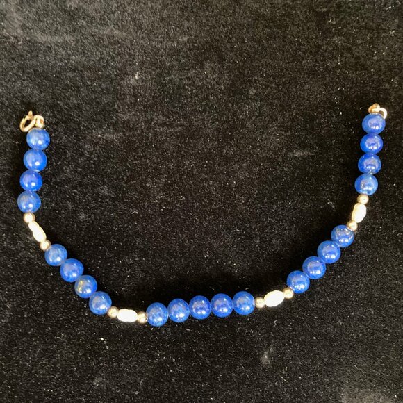 Lapis Lazuli 5.5mm Beads, Pearl and Gold Bead Bracelet with 14k Gold Clasp - Picture 8 of 16